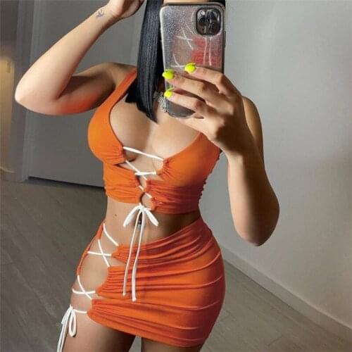 DSMTRC 2021 Female Clothing Women Summer Sexy Hollow Out Crop Tank Tops Package Hip Mini Skirt Party Two Pieces Set Suit