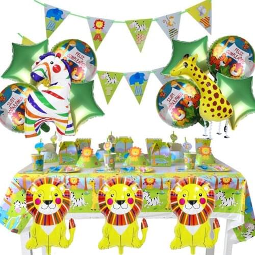 Jungle Party Foil Animal Balloons Lion Giraffe jungle disposable tableware First Baby Boy Birthday Party Decoration Kids