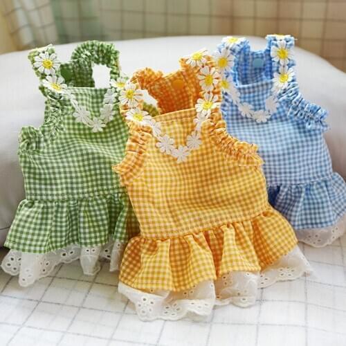 Plaid Lace Sun Floral Dog Dresses For Small Dogs Summer Pet Outfits Girl Animal Puppy Clothes French Bulldog Terrier Yorkie Pugs