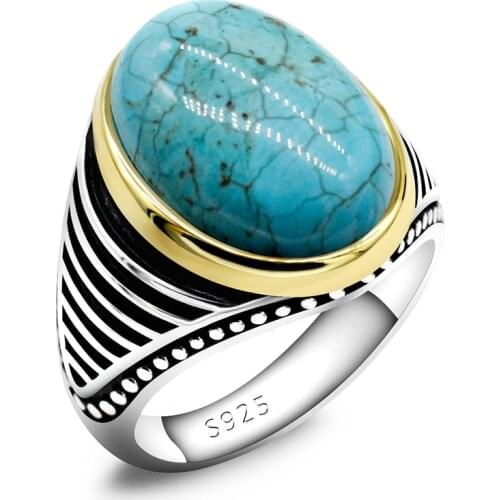 Turkish Mens Husband Gift Red Natural Turquoise Ring 925 Sterling Silver Dashi Classic Retro Stripes Unisex High Jewelry