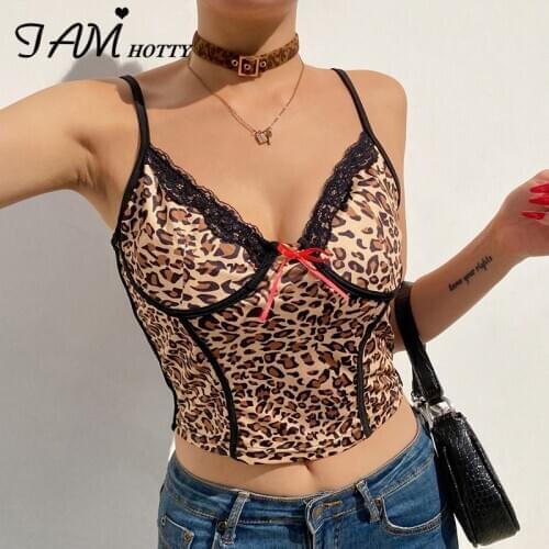 Cheetah Print Harajuku Y2K Milkmaid Corset Crop Top Women Lace Sexy V-neck Spaghetti Strap Retro Camisole Summer Shirt Iamhotty