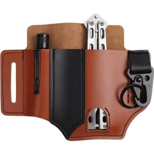 Outdoor Leather EDCTool Knife Sheath Pockets Multitools Holder Essentials Organizer Belt Pouch Pocket Hunt Tactical Flashlight