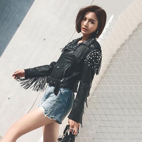 2020 spring Women Motorcycle rivet Tassel Fringe Faux Leather Jacket Coat Autumn Biker Outwear Black bomber Jacket Female PY165