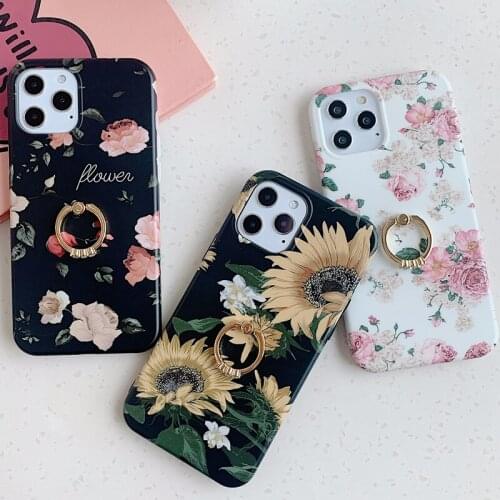 Classic Vintage Rose Flower Soft TPU Case for iPhone 12 Mini 11 Pro XS Max XR 7 8 Plus Floral Finger Ring Holder Stand Cover