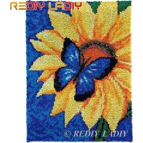 Latch Hook Kits Butterfly Sunflowers Chunky Yarn Embroidery Crochet Tapestry Kit Needlework Arts & Crafts DIY Carpet Rug 61*81cm
