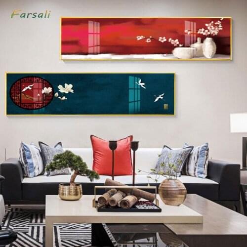 New chinese style Mountains golden blue banners Canvas painting poster n prints Bedside Wall Art Posters For Living Room Bedroom