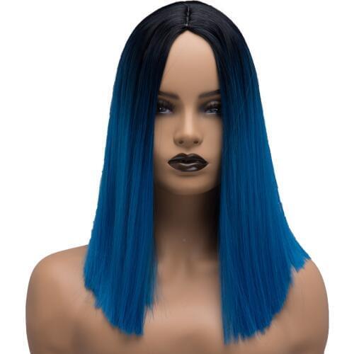 BESTUNG Ombre Blue Black Wig Dark Roots Medium Length Straight Synthetic Bob Halloween Cosplay Costumes Wigs for Women