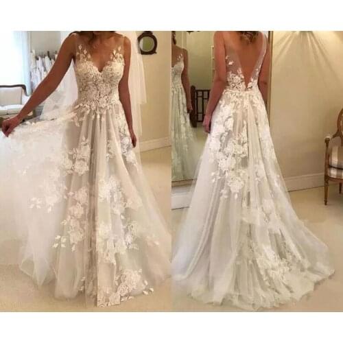 Sexy Wedding Dresses Long V Neck Party Gowns Back Deep V Appliques Vestido De Noiva Vestido De Novia Fotos Reales فساتين السهرة