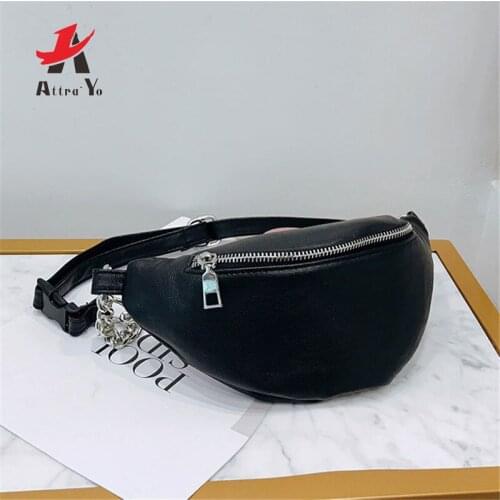 Attra-Yo New Fashion Women Chain Fanny Pack Female Waist Bag Brand Belt Bag Women Waist Pack PU Leather Chest Bag Belly Bag
