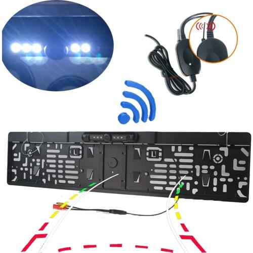 Poisecar European License Plate Frame, LED 8 Light Camera, Dynamic trajectory LED Reversing Camera Moving Parking lines
