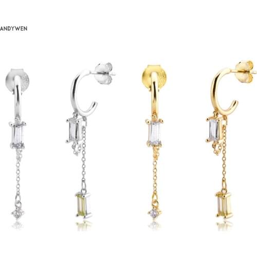 ANDYWEN 925 Sterling Silver Chain Circle Drop Earring 2020 Crystal Luxury Zircon CZ Circle Round Square Wedding Fine Jewelry