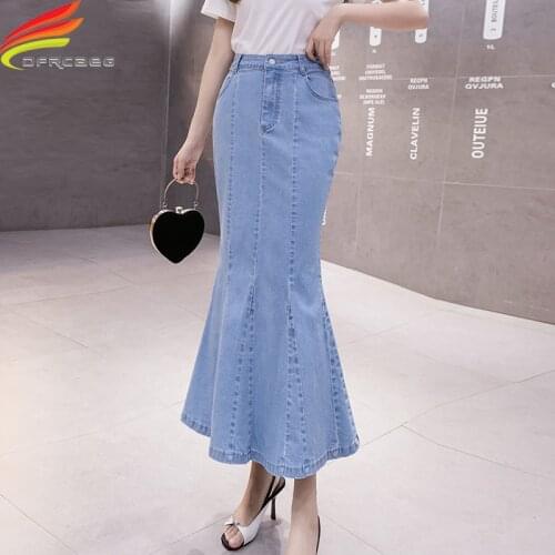 New 2021 Spring Summer Long Denim Skirt For Women High Waist Pockets Jean Mermaid Maxi Skirts Blue Faldas Largas Hot Sale