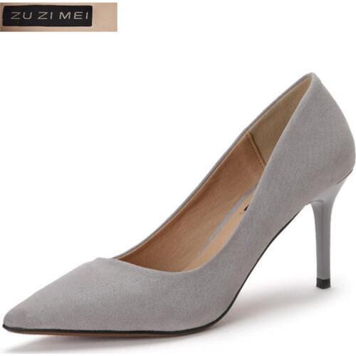 2020 New Arrival Korean Concise Pointed Toe Office Shoes Womens 8CM Fashion Solid Flock Shallow High Heels Shoes for Women