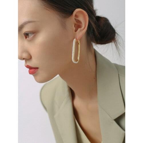 Brass With 18K Gold Faux Pearl Rectangle Earrings Women Jewelry Punk Party Gown Runway rare Boucle Korean Japan INS Fashion