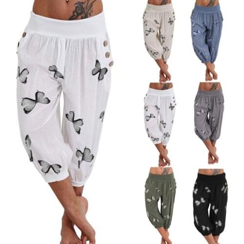 Capris Pants Women High Waist Harem Pants Lightweight Streetwear Female Pocket Baggy Capri Jogger Trousers Bottoms With Print