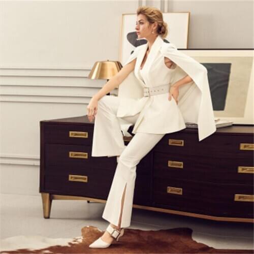 Fashion pants suit female Summer Fall New high-end white OL Leisure Business cloak suit + bell pants Two-piece set female