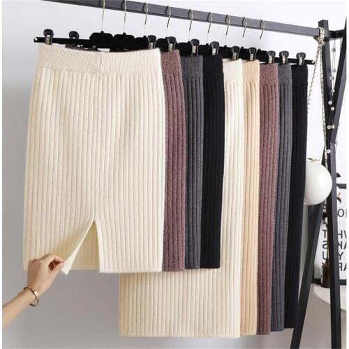 Women Black Slit Bodycon Elegant Midi Pencil Skirt Autumn Winter Casual Knitted Skirt New Warm High Waist Female Rib Skirts 1580