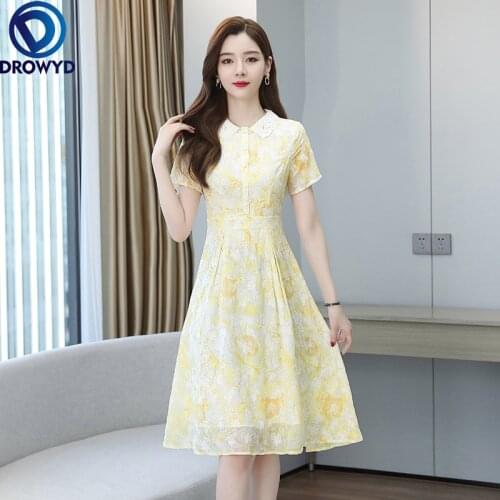 Summer Women Yellow Lace Midi Dress High Waist Short Sleeve Elegant Vestidos Solid Color Loose Slim A-line Party Chic Dresses
