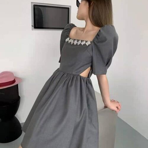 Women Mini Puff Sleeve Elegant Empire Fashionable Chic Summer Korean Version French Square Collar vestidos de verano