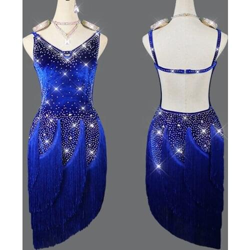 Blue Velvet Latin Dance Dress For Women/Girls Backless Rhinestone Fringe Dress Competition Wear Stage Costume Customize DNV15069