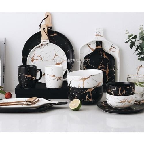 Gold Marble Glazes Ceramic Party Tableware Set Porcelain Breakfast Plates Dishes Noodle Bowl Coffee Mug Cup For Decoration