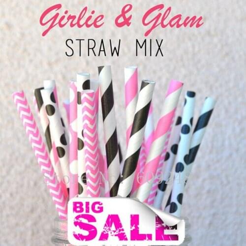 100pcs Mixed Colors Girlie And Glam Party Paper Straws,Hot Pink Stripe and Chevron,Black Polka Dot and Striped,Novelty,Wholesale