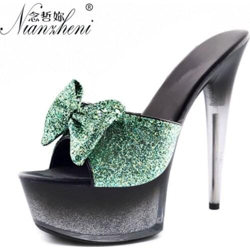 6 inches Super Stiletto heels Flash powder Bling Butterfly Elegant Sweet 15CM Big Size Style Models Stage Props Womens Slippers