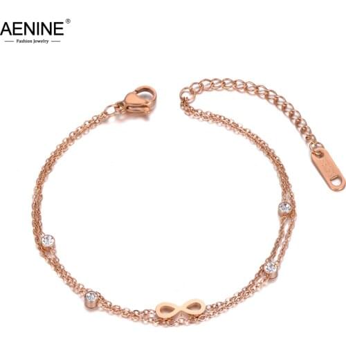 AENINE Trendy Double Layer Infinity Charm Bracelets For Women Stainless Steel Bohemia CZ Crystal Link Chain Bracelet AB20011