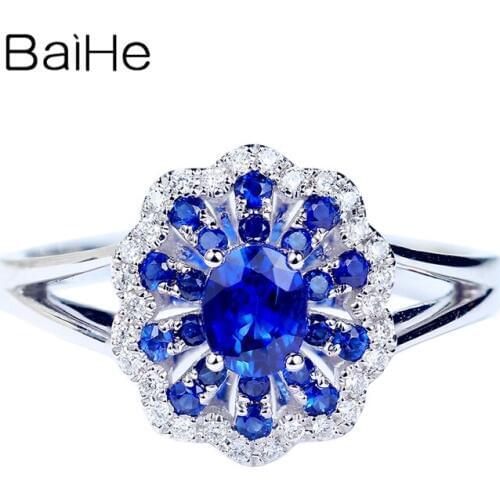 BAIHE Solid 14K White Gold 0.35+0.25ct Natural sapphirs 0.10ct Natural Diamonds Fine Jewelry Wedding Gift luxury sapphirs Ring