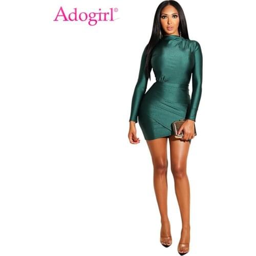 Adogirl Shiny Ruched Mini Evening Party Dresses Long Sleeve Bodycon Night Club Dress for Women Sheath Casual Outfits Vestidos