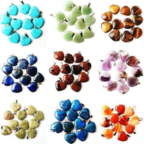 10pcs Assorted Natural Stone Heart Silver Plated Beads Pendants 21*23mm Women Gift