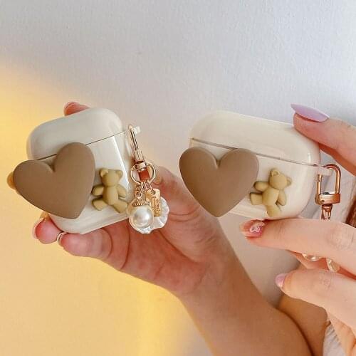 Cute Heart Love Bear Earphone Case For Apple Airpods Pro 2 1 Cover with Pearl Keyring Soft Silicone Shockproof Cases Coque Funda