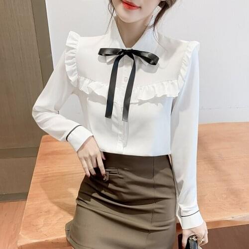 Chikichi Korean Fashion Design 2021 Autumn New Ruffled Stitching Bow Tie with Chiffon Shirt Women Long Sleeve Blouse