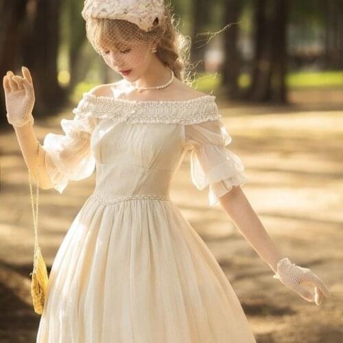 Elegant Lolita Dress Women French Slash Neck Reflective Fairy Dress Simple Royal Ball Wedding Banquet Clothing Women Autumn 2021