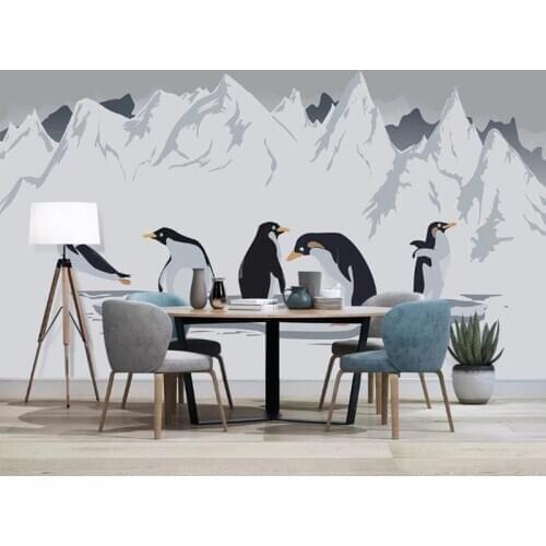 Custom Wallpaper 3D Penguin snow mountain hand drawn cartoon Mural Childrens Room Bedroom living room Decoration Wall Painting