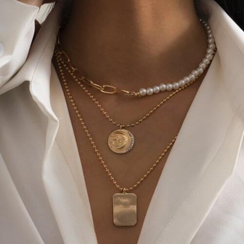 3PCS Pearl Beads Chains Necklace Set for Women Layered Goth Geometric Portrait Pedant Men Necklace Jewelry Gifts Collar Charm