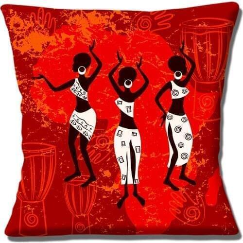 Red African Tribal Ladies Dancing Decorative Cushion Cover Ethnic Tribal Throw Pillow Case with Africa Map Outline Trendy Decor