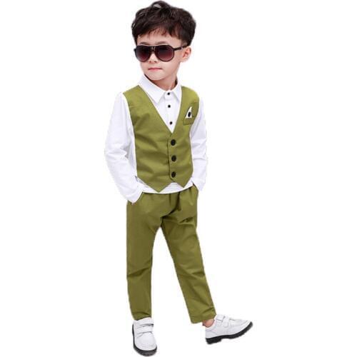 Brand Flower Boys Summer Formal Suit School Children Fake Vest Shirt +Pnats 2pcs Gentleman Kids Birthday Party Wedding Costume