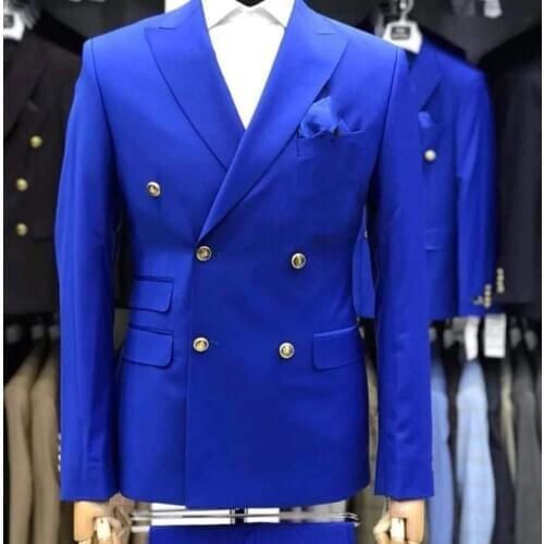 Hot Recommend Royal Blue Peak Lapel Mens Coat Blazer Prom Party Clothing Double Breasted Groom Tuxedos (Jacket+Pants+Tie) W:493