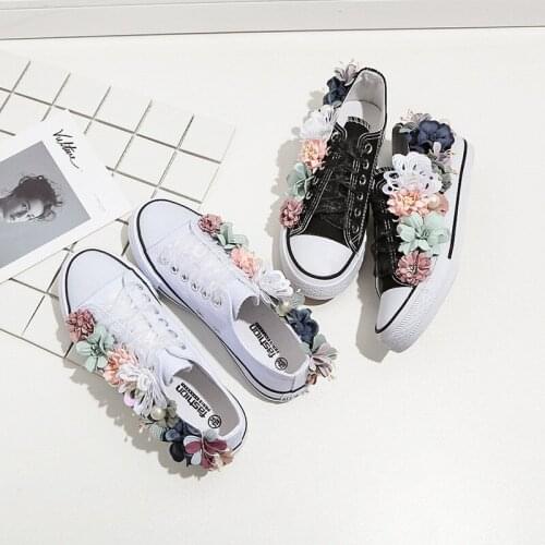 Autumn new style handmade flower fashion casual shoes canvas white flat-heel student shoes