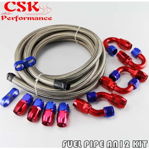 12AN Stainless Steel Braided Oil Fuel Line 16ft + Fitting Hose End Adaptor Kit