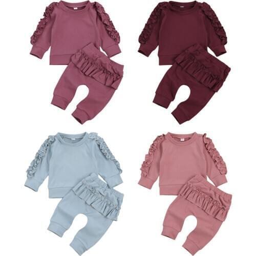 2020 Autumn Winter Toddler Kids Baby Girls Clothes Long Sleeve Ruffles Sweatshirts Pullover Tops Long Pants Tracksuit Sets 0-24M