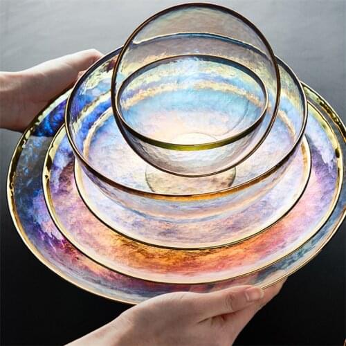 Phnom Penh Color Painted Glass Rice Bowl Dish Transparent Hammer Grain Glass Dinner Plate Salad Bowl Fruit Bowl Dinnerware