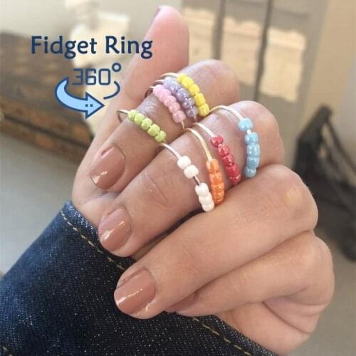 Colorful Bead Fidget Ring Spinner Single Coil Spiral Fidget Ring Beads Rotate Freely Anti Stress Anxiety Ring Toy For Girl Women