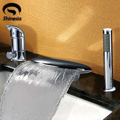 Contemporary Chrome Finish Widespread Waterfall Tub Faucet Mixer W/Hand Shower