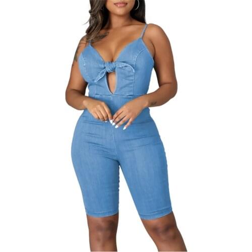 Thorn Tree Summer Rompers Stretch Skinny Zipper Sexy V Neck Bow Sleeveless Spaghetti Strap Denim Playsuit Casual Streetwear 2021