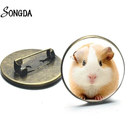 Cute Guinea Pig Brooch Pin Retro Animal Art Photo Glass Cabochon Brooches for Women Men Clothes Hat Backpack Jewelry Accessories