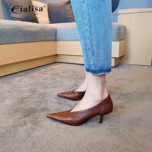 CIALISA l High Heels Pumps Genuine Leather Apricot Shallow Summer Autumn Versatile Pointed Toe New Shoes