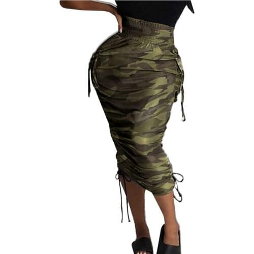 High Waist Drawstring Ruched Midi Skirts Womens with Pockets Camouflage Print Newspaper Bodycon Pencil Skirt Female Summer 2021