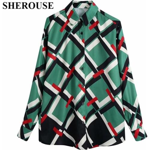 SHEROUSE Fashion Women Geometric printed Shirt Single Breasted Long Sleeves Lapel Collar Vintage Woman Shirts Chic Tops Blouse